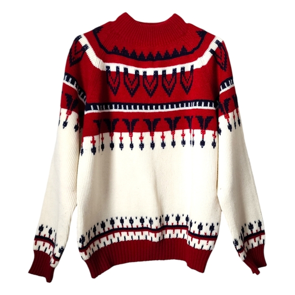 JCPENNEY VINTAGE 70s Cream Red Acrylic Knit Apres Ski Winter Sweater Size M - Picture 1 of 4